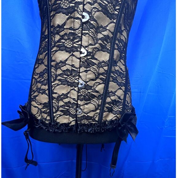 Womens Sz L Lace Corset Bow Ren Faire Valentines Lingerie Sexy Ruffle Boudoir - Picture 8 of 14